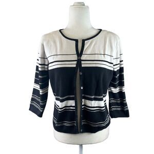 Vintage 90's Y2K Sweater Cardigan Women's M Black White Striped Knit Button‎ 3/4